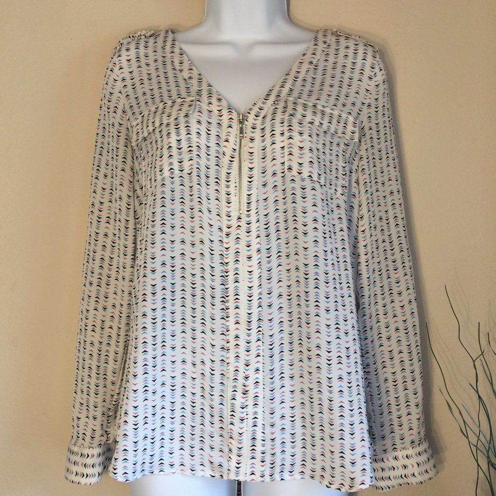 Candie's cream pink aqua black blouse zip